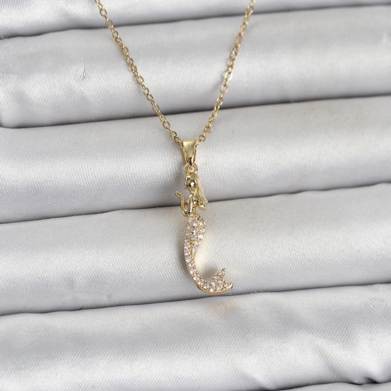 316L Çelik Zincir Gold Renk Zirkon Taşlı Deniz Kızı Model Kadın Kolye