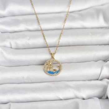 316L Çelik Zincir Gold Renk Zirkon Taşlı Deniz Temalı Kadın Kolye