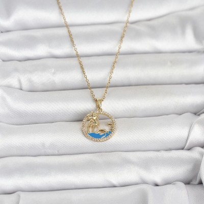 316L Çelik Zincir Gold Renk Zirkon Taşlı Deniz Temalı Kadın Kolye