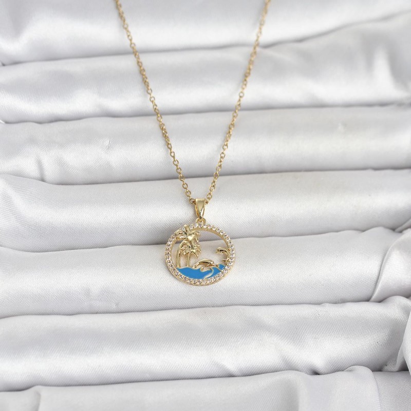 316L Çelik Zincir Gold Renk Zirkon Taşlı Deniz Temalı Kadın Kolye