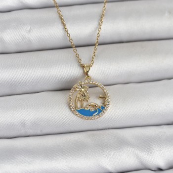 316L Çelik Zincir Gold Renk Zirkon Taşlı Deniz Temalı Kadın Kolye