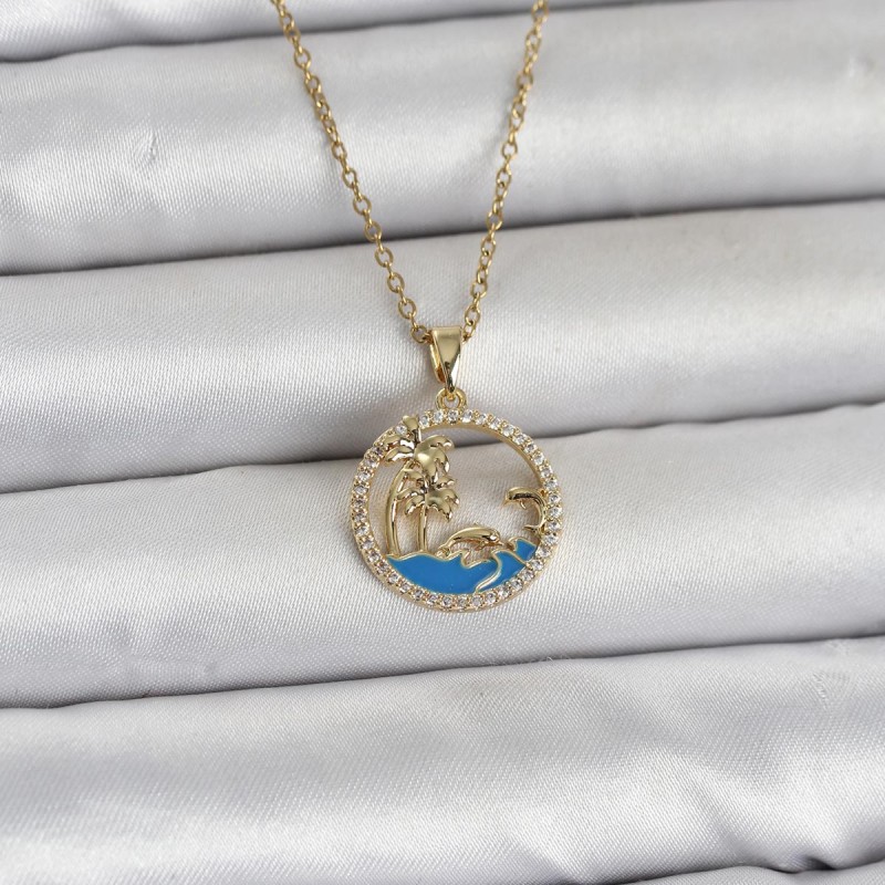 316L Çelik Zincir Gold Renk Zirkon Taşlı Deniz Temalı Kadın Kolye
