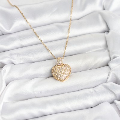 316L Çelik Zincir Gold Renk Zirkon Taşlı Kalpli Kadın Kolye
