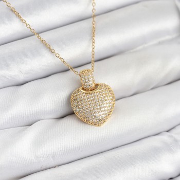 316L Çelik Zincir Gold Renk Zirkon Taşlı Kalpli Kadın Kolye