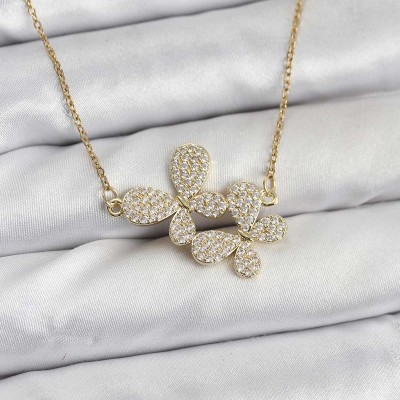 316L Çelik Zincir Gold Renk Zirkon Taşlı Kelebek Model Kadın Kolye