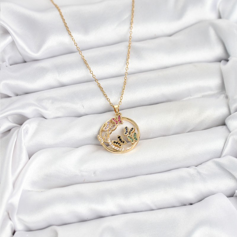 316L Çelik Zincir Gold Renk Zirkon Taşlı Kelebekli Kadın Kolye