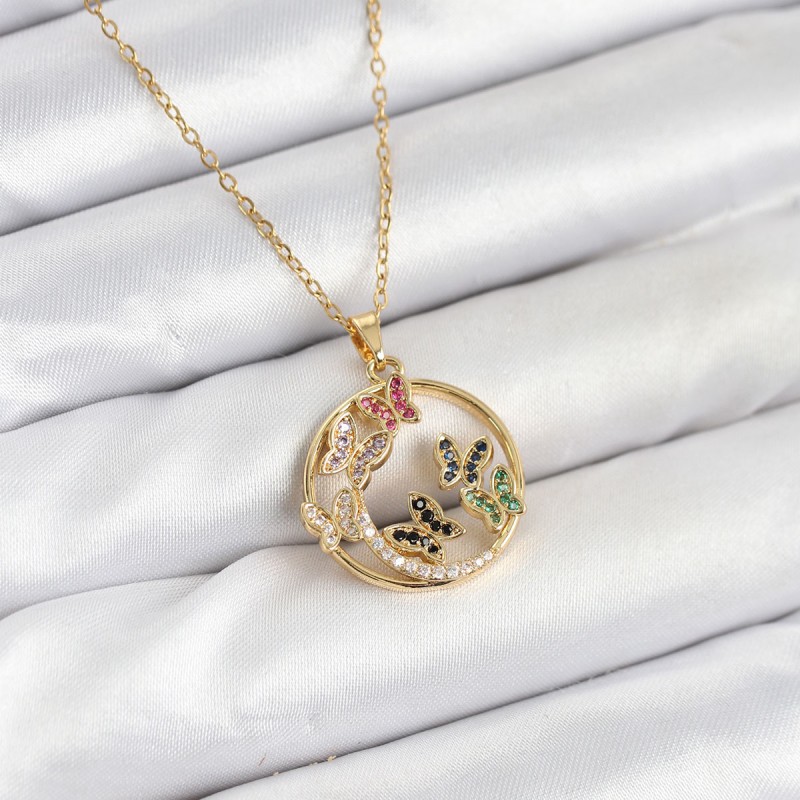 316L Çelik Zincir Gold Renk Zirkon Taşlı Kelebekli Kadın Kolye