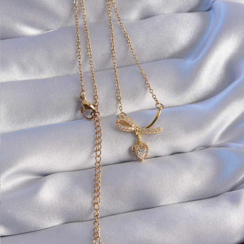 316L Çelik Zincir Gold Renk Zirkon Taşlı Yarım Fiyonk Kalp Kolye