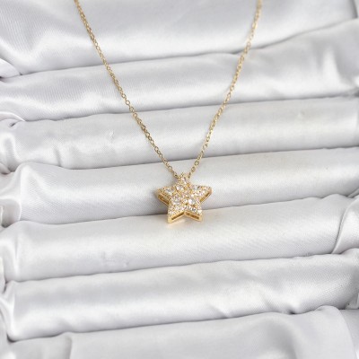 316L Çelik Zincir Gold Renk Zirkon Taşlı Yıldız Model Kadın Kolye