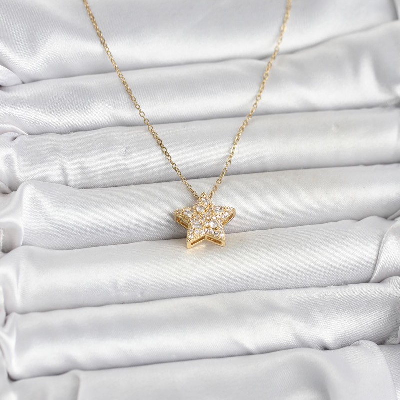 316L Çelik Zincir Gold Renk Zirkon Taşlı Yıldız Model Kadın Kolye