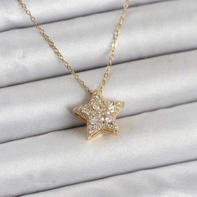 316L Çelik Zincir Gold Renk Zirkon Taşlı Yıldız Model Kadın Kolye