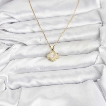 316L Çelik Zincir Gold Renk Zirkon Taşlı Yonca Model Kadın Kolye