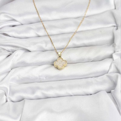 316L Çelik Zincir Gold Renk Zirkon Taşlı Yonca Model Kadın Kolye