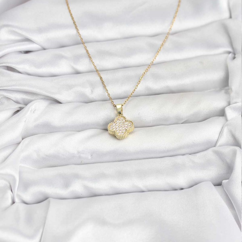 316L Çelik Zincir Gold Renk Zirkon Taşlı Yonca Model Kadın Kolye