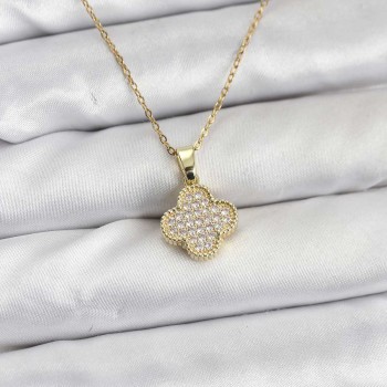 316L Çelik Zincir Gold Renk Zirkon Taşlı Yonca Model Kadın Kolye