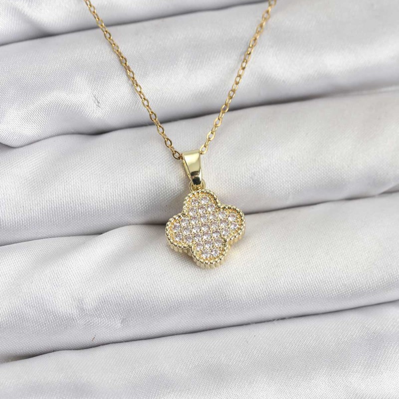316L Çelik Zincir Gold Renk Zirkon Taşlı Yonca Model Kadın Kolye