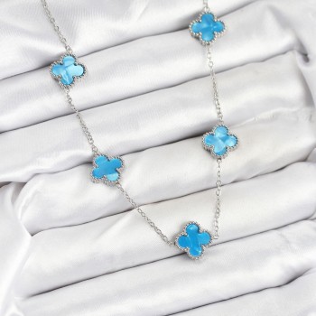 316L Çelik Zincir Gümüş Buz Mavisi Renk Yonca Kadın Kolye