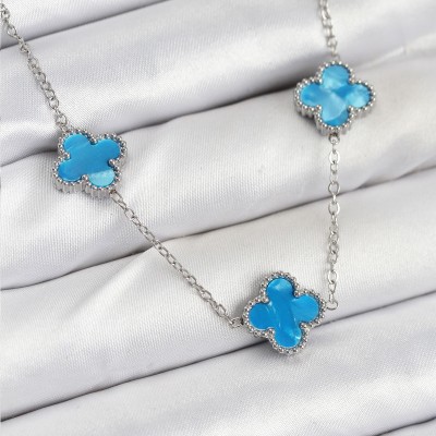 316L Çelik Zincir Gümüş Buz Mavisi Renk Yonca Kadın Kolye