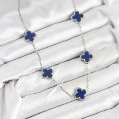 316L Çelik Zincir Gümüş Lacivert Renk Yonca Kadın Kolye