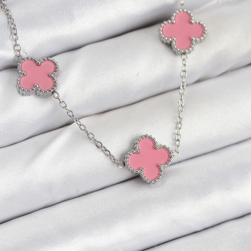 316L Çelik Zincir Gümüş Pembe Renk Yonca Kadın Kolye