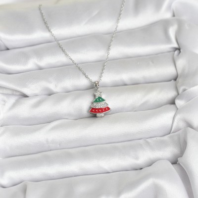 316L Çelik Zincir Gümüş Ren Çam Ağacı Model Zirkon Taşlı Yılbaşı Temalı Kadın Kolye