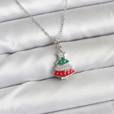 316L Çelik Zincir Gümüş Ren Çam Ağacı Model Zirkon Taşlı Yılbaşı Temalı Kadın Kolye