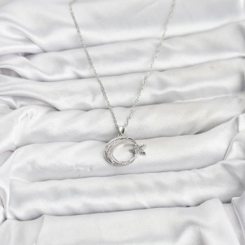 316L Çelik Zincir Gümüş Renk Ay Yıldız Model Zirkon Taşlı Kadın Kolye