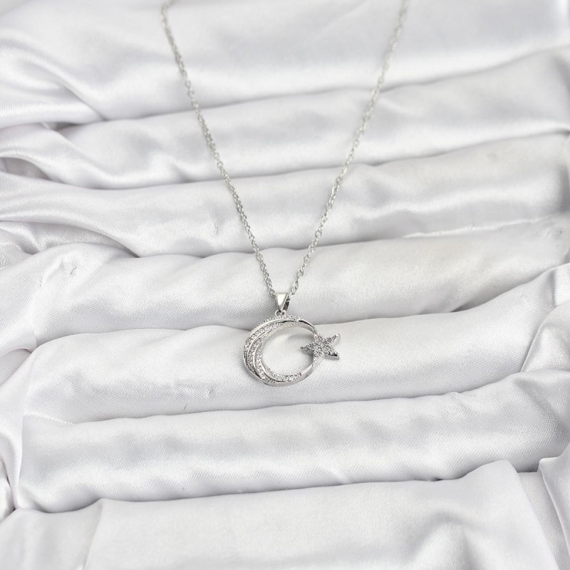 316L Çelik Zincir Gümüş Renk Ay Yıldız Model Zirkon Taşlı Kadın Kolye