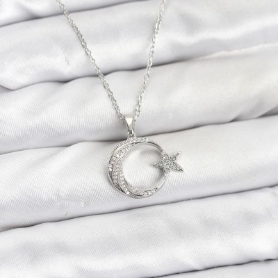 316L Çelik Zincir Gümüş Renk Ay Yıldız Model Zirkon Taşlı Kadın Kolye
