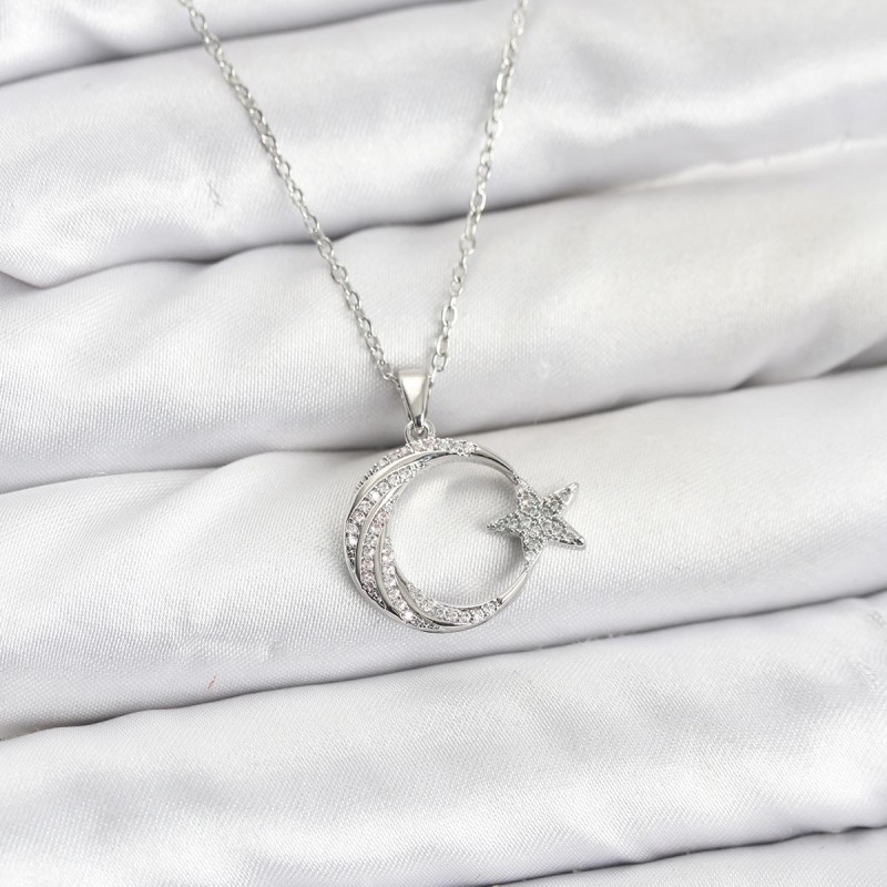 316L Çelik Zincir Gümüş Renk Ay Yıldız Model Zirkon Taşlı Kadın Kolye