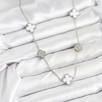 316L Çelik Zincir Gümüş Renk Beyaz ve Zirkon Taşlı Yonca Kadın Kolye