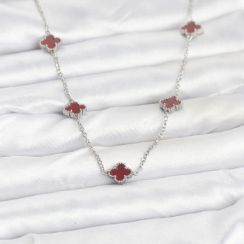 316L Çelik Zincir Gümüş Renk Bordo Baby Boy Yonca Kadın Kolye