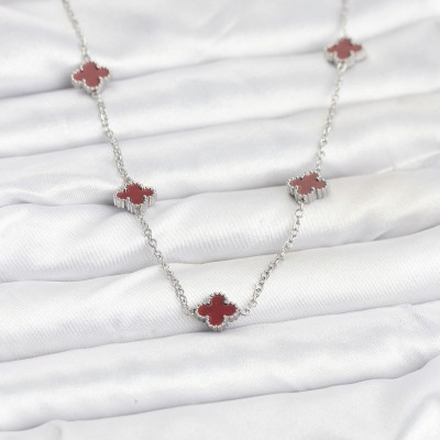 316L Çelik Zincir Gümüş Renk Bordo Baby Boy Yonca Kadın Kolye