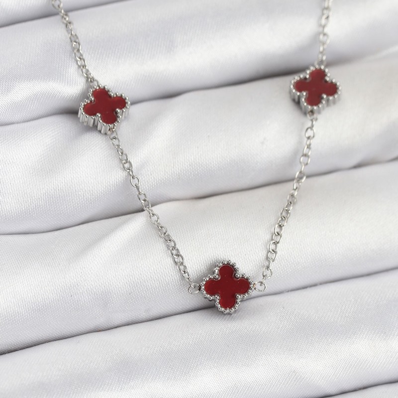 316L Çelik Zincir Gümüş Renk Bordo Baby Boy Yonca Kadın Kolye