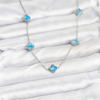 316L Çelik Zincir Gümüş Renk Buz Mavisi Baby Boy Yonca Kadın Kolye