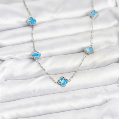 316L Çelik Zincir Gümüş Renk Buz Mavisi Baby Boy Yonca Kadın Kolye