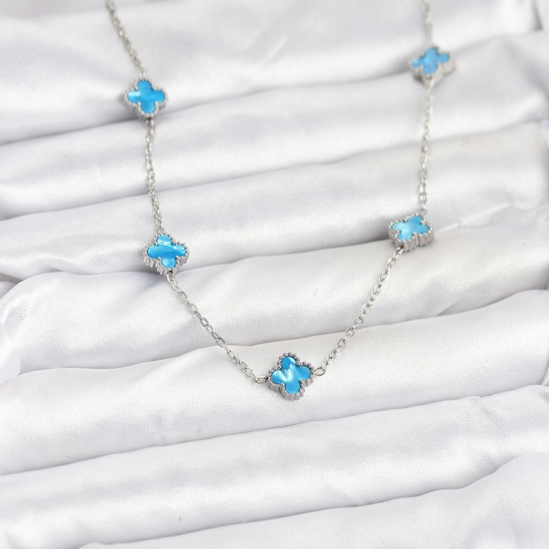 316L Çelik Zincir Gümüş Renk Buz Mavisi Baby Boy Yonca Kadın Kolye