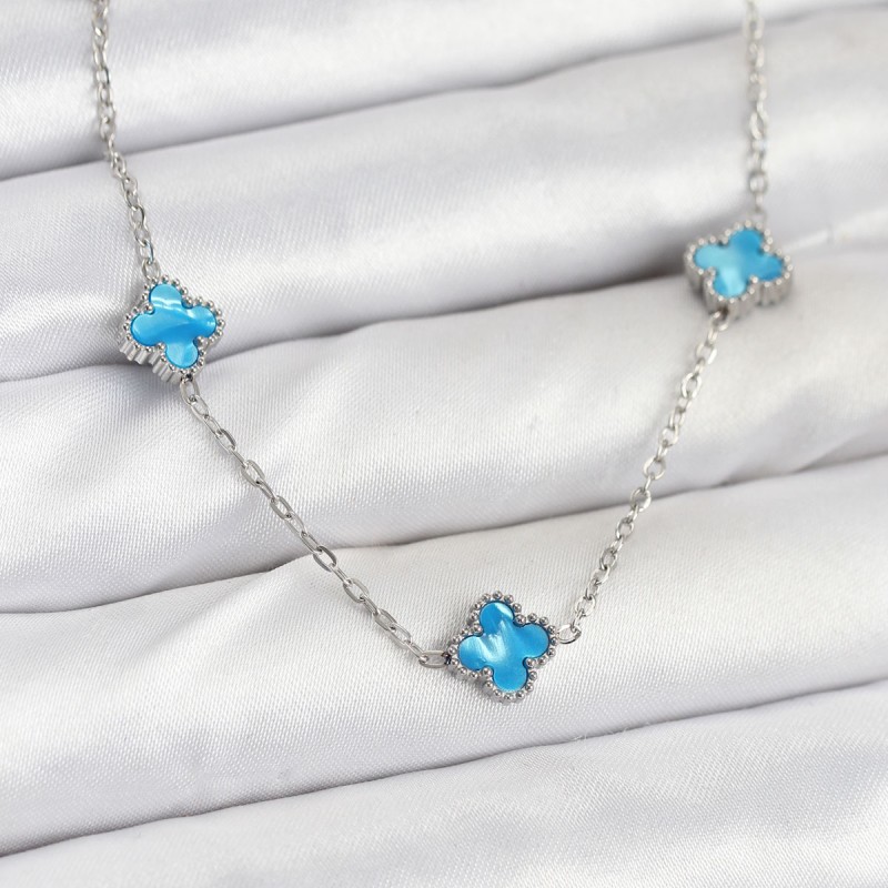 316L Çelik Zincir Gümüş Renk Buz Mavisi Baby Boy Yonca Kadın Kolye