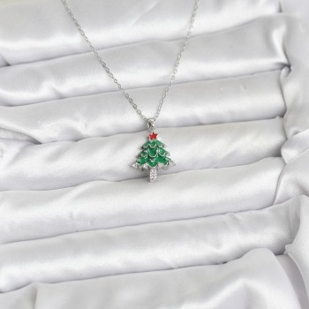 316L Çelik Zincir Gümüş Renk Çam Ağacı Model Yılbaşı Temalı Kadın Kolye