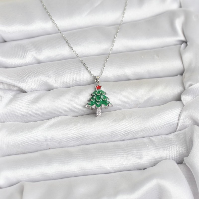 316L Çelik Zincir Gümüş Renk Çam Ağacı Model Yılbaşı Temalı Kadın Kolye