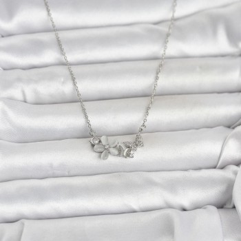 316L Çelik Zincir Gümüş Renk Çiçek ve Kelebek Model Kadın Kolye