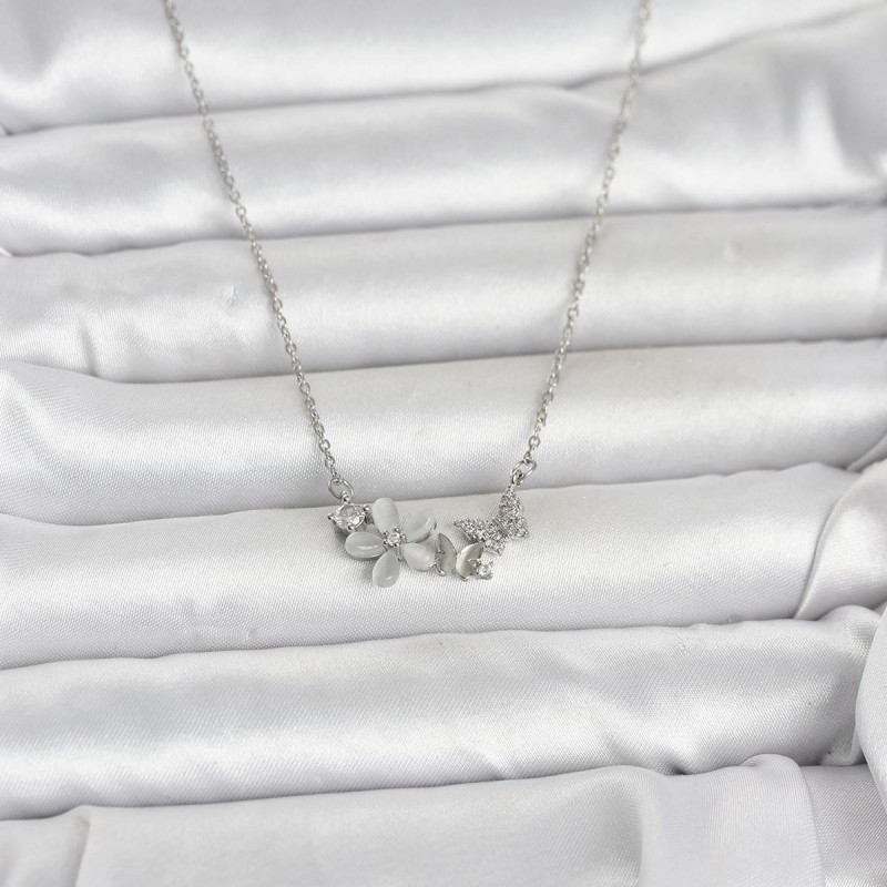 316L Çelik Zincir Gümüş Renk Çiçek ve Kelebek Model Kadın Kolye