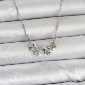 316L Çelik Zincir Gümüş Renk Çiçek ve Kelebek Model Kadın Kolye