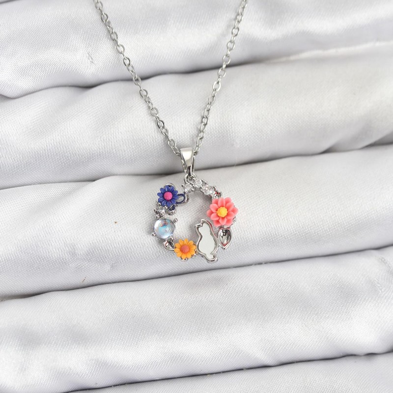 316L Çelik Zincir Gümüş Renk Çiçekli Kedili Model Kadın Kolye