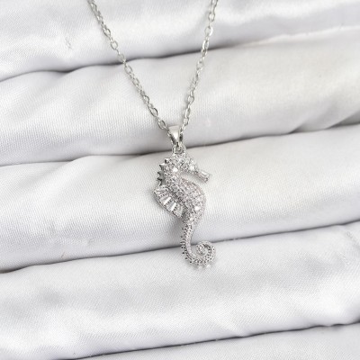 316L Çelik Zincir Gümüş Renk Deniz Atı Model Zirkon Taşlı Kadın Kolye