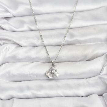 316L Çelik Zincir Gümüş Renk Deniz Kabuğu ve Deniz Yıldızı Model Zirkon Taşlı Kadın Kolye