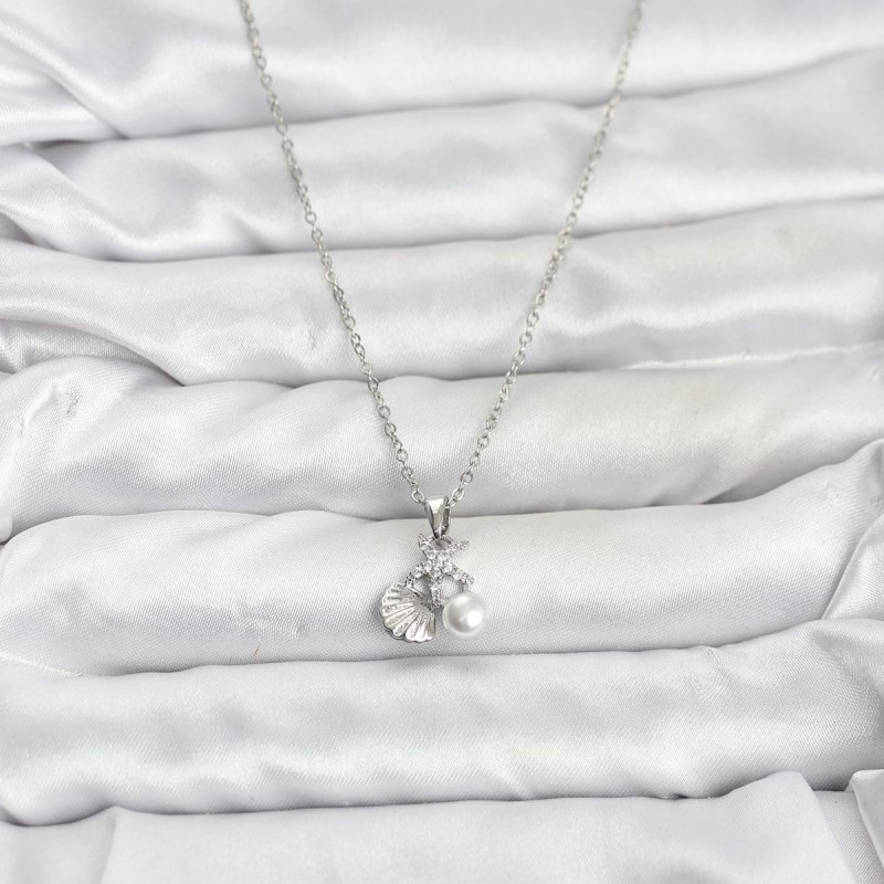 316L Çelik Zincir Gümüş Renk Deniz Kabuğu ve Deniz Yıldızı Model Zirkon Taşlı Kadın Kolye