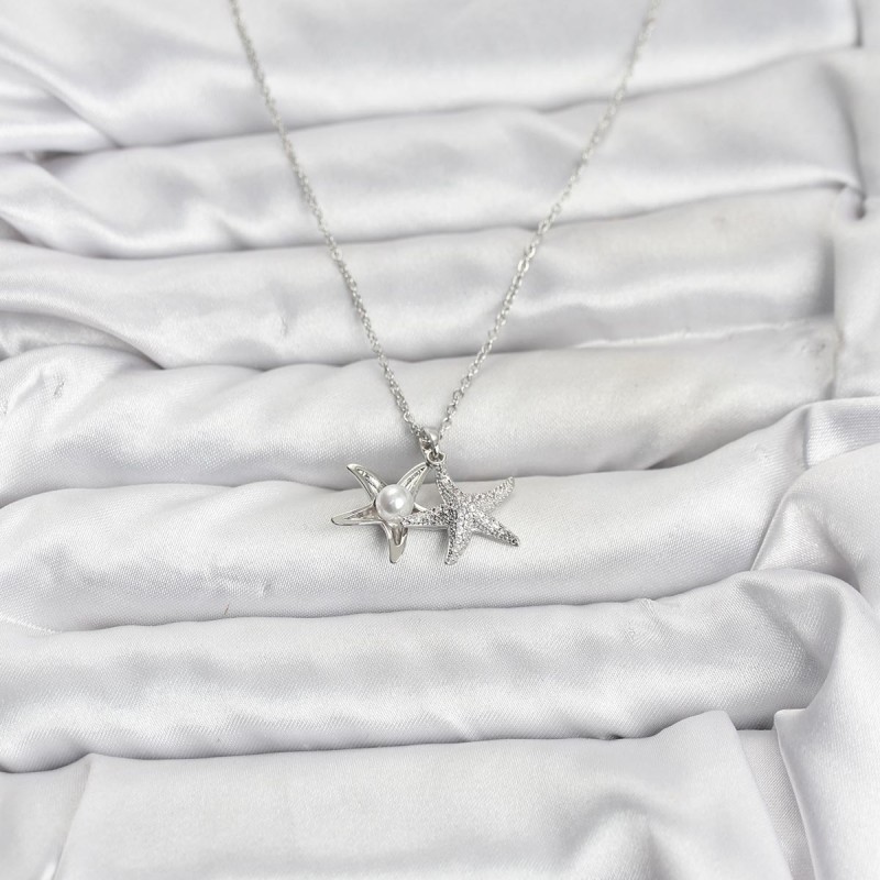 316L Çelik Zincir Gümüş Renk Deniz Yıldızı Model Zirkon Taşlı Kadın Kolye