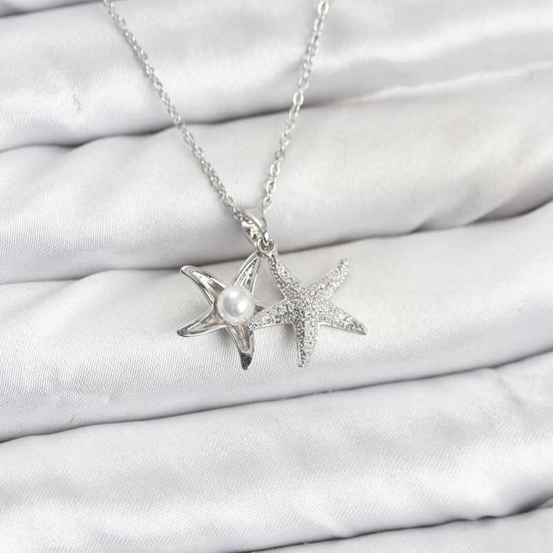 316L Çelik Zincir Gümüş Renk Deniz Yıldızı Model Zirkon Taşlı Kadın Kolye