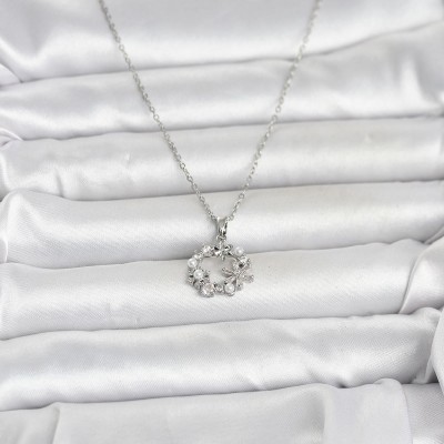 316L Çelik Zincir Gümüş Renk İncili Çiçek Model Kadın Koyle